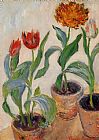 Tulip Paintings - Three Pots of Tulips by Claude Monet